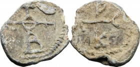 Paschalios (?). Lead Seal, 7th-8th century. D/ Cruciform monogram: Θεότοκε βοήθει. R/ Cruciform monogram: letters PΑCK. PB. g. 9.71 mm. 25.00 Ink PASK...