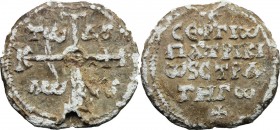 Sergios Patrikios and Strategos. Lead Seal, 8th century. D/ Cruciform invocative monogram: Θεότοκε βοήθει; in the quarters: τῷ δούλῳ σοῦ. R/ CΕΡΓΙω/ Π...