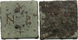 Square weight 2 Nomisma, 4th-6th cent. AD. D/ NB and two crosses, silver inlay. AE. g. 8.92 mm. 17.00 EF.
