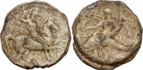 Leads from Ancient World. Greek Italy. Southern Apulia, Tarentum. D/ Warrior on horseback right, holding shield and spears and spearing downward. R/ P...