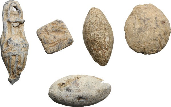 Leads from Ancient World. Greek Italy. Multiple lot of five (5) lead objects: A ...