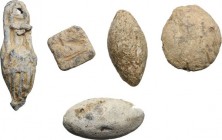 Leads from Ancient World. Greek Italy. Multiple lot of five (5) lead objects: A Sardo-Punic lead weight, g. 20.56, with mark of value; a votive lead s...