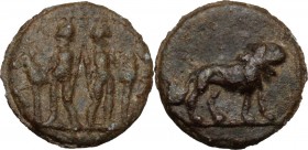 Leads from Ancient World. Roman Empire. PB Tessera, 1st century AD. D/ The Dioscuri standing facing, holding their horses. R/ Lion right. PB. g. 2.83 ...