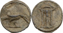 Leads from Ancient World. Roman Empire. PB Tessera. D/ Magpie. R/ Tripod. Ficoroni pl. XIX, 17. PB. g. 2.57 mm. 19.30 About EF.