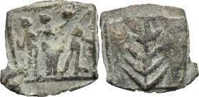 Leads from Ancient World. Roman Empire. PB Tessera. D/ Three Graces. R/ Palm. Ficoroni pl. XXIX, 8. Rostowzew 2457. PB. g. 3.27 mm. 19.30 mm. 18 x 17....