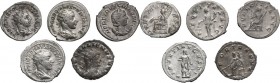 Roman Empire. From Gordian to Gallienus. Multiple lot of five (5) Antoniniani. Including Gordian (2), Etruscilla, Trebonianus Gallus and Gallienus. AR...