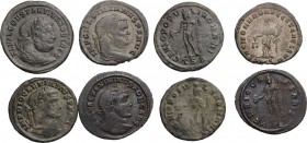 Roman Empire. The four Tetrarchs. Multiple lot of four (4) AE Folles of Diocletian, Maximian, Constantius and Galerius. AE. About VF:About EF.