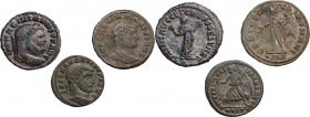 Roman Empire. Multiple lot of three (3) AE Folles of Maximian (2) and Maxentius. AE. VF:About EF.