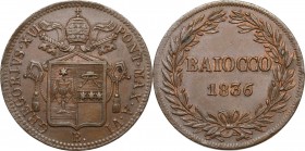 Bologna. Gregorio XVI (1831-1846), Bartolomeo Alberto Cappellari. Baiocco A. VI, 1836. CNI 25. M. 34a. Berm. 3291. AE. g. 9.70 mm. 30.00 qFDC.