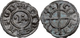 Brindisi o Messina. Federico II (1197-1250). Quarto di Denaro, 1221. Sp. 111. Travaini 24a. D'Andrea 117. MI. g. 0.28 mm. 12.40 RR. SPL.