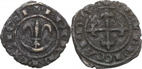 Brindisi o Messina. Carlo I d'Angiò (1266 -1282). Denaro con giglio sopra crescente. Sp. 47. MIR 353. MI. g. 0.83 mm. 15.80 NC. Il giglio al di sopra ...
