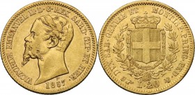 Vittorio Emanuele II, Re di Sardegna (1849-1861). 20 Lire 1857 Torino. Pag. 351. Mont. 17. AU. mm. 21.00 qBB/BB.