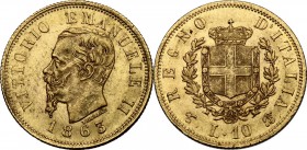 Regno di Italia. Vittorio Emanuele II, Re d'Italia (1861-1878). 10 lire 1863. Pag. 477a. Mont. 156. AU. mm. 19.00 Bel BB.