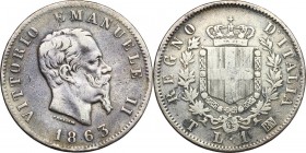 Vittorio Emanuele II, Re d'Italia (1861-1878). Lira 1863 Torino. Pag. 515. Mont. 203. AG. mm. 23.00 R. BB.