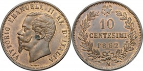 Vittorio Emanuele II, Re d'Italia (1861-1878). 10 centesimi 1862 Milano. Pag. 538. Mont. 229. CU. mm. 30.00 NC. qFDC/FDC.