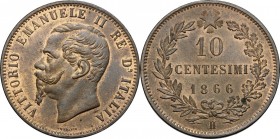 Vittorio Emanuele II, Re d'Italia (1861-1878). 10 centesimi 1866 Birmingham. Pag. 544. Mont. 237. CU. mm. 30.00 qFDC/FDC.