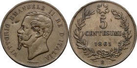Vittorio Emanuele II, Re d'Italia (1861-1878). 5 centesimi 1861 Bologna. Pag. 551. Mont. 247. CU. mm. 25.00 RR. Colpetto al D/, altrimenti BB.