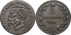 Vittorio Emanuele II (1820-1878). Contraffazione dei 5 centesimi. Legende alterate e data incongrua (1881). AE. g. 5.54 mm. 24.50 Interessante curiosi...