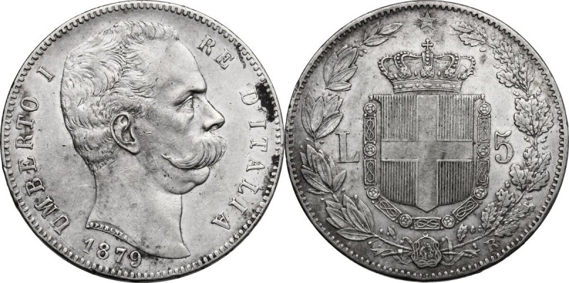 Umberto I (1878-1900). 5 lire 1879. Pag. 590. Mont. 33. AG. g. 24.91 mm. 37.00 B...