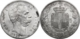 Umberto I (1878-1900). 5 lire 1879. Pag. 590. Mont. 33. AG. g. 24.91 mm. 37.00 Bel BB.