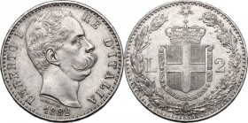 Umberto I (1878-1900). 2 lire 1882 Roma. Pag. 592. Mont. 36. AG. mm. 27.00 Metallo lucente. SPL+/qFDC.