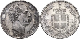 Umberto I (1878-1900). 2 lire 1887. Pag. 597. Mont. 42. AG. mm. 27.00 Minimi segnetti al ciglio. Fondi brillanti. Bel BB.