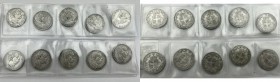 Umberto I (1878-1900). Serie completa di 10 monete da 2 lire: 1881, 1882, 1883, 1884, 1885, 1886, 1887, 1897, 1898 e 1899. AG. qBB/BB.
