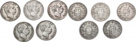 Umberto I (1878-1900). Lotto di cinque (5) monete da 1 lira: 1884, 1886, 1887, 1899 e 1900. AG.