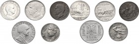 Vittorio Emanuele III (1900-1943). Lotto di 5 monete: Lira 1910, 50 centesimi 1921, 20 centesimi 1911, 10 centesimi 1923 e lek 1939. Pag. 743 e 762.Mo...