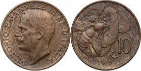 Vittorio Emanuele III (1900-1943). 10 centesimi 1919. Pag. 864. Mont. 328. CU. mm. 22.50 RR. qSPL.