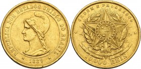 Brazil. Republic (1889- ). 10000 reis 1889. KM 496. Fried. 125. AV. g. 8.88 mm. 23.00 First coinage of the Republic. VF+.