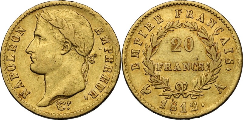 France. Napoleon I (1805-1814), Emperor. 20 Francs 1812 A, Paris mint. Fried. 51...