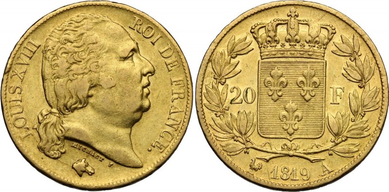 France. Louis XVIII (1814-1824). 20 Francs 1819 A, Paris mint. Fried. 538. Gad. ...