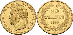 France. Louis Philippe I (1830-1848). 20 Francs 1840 A, Paris mint. Fried. 560. Gad. 1031. AV. mm. 21.00 VF.