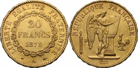 France. Third republic (1871-1940). 20 Francs 1878 A, Paris mint. Fried. 592. Gad. 1063. AV. mm. 21.00 Good VF.