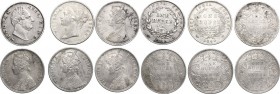 India. Victoria (1837-1901). Multiple lot of six (6) coins: One Rupee 1835 ((William IV), 1840, 1862, 1890, 1891 and 1892. AR. mm. 30.50 VF:About EF.