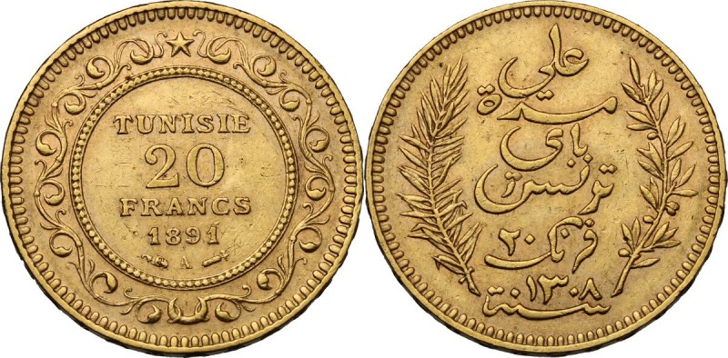 Tunisia. French Protectorate. 20 Francs 1891 A, Paris mint. Fried. 12. KM 227. A...