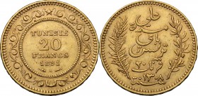 Tunisia. French Protectorate. 20 Francs 1891 A, Paris mint. Fried. 12. KM 227. AV. mm. 21.00 VF.