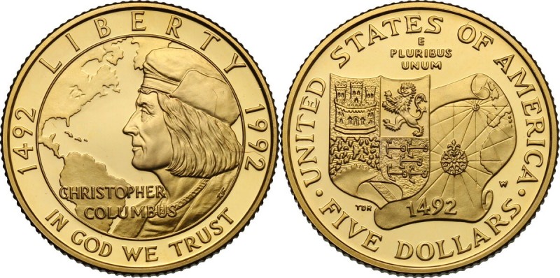 USA. 5 dollars 1992, 50th anniversary of the Cristopher Columbus voyage. Fried. ...