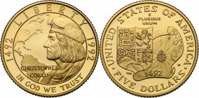 USA. 5 dollars 1992, 50th anniversary of the Cristopher Columbus voyage. Fried. 203. AV. g. 8.35 mm. 21.00 PROOF.