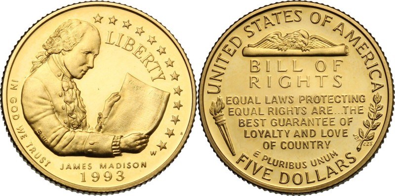 USA. 5 dollars 1993, Madison with Bill of Rights. Fried. 204. AV. g. 8.36 mm. 21...