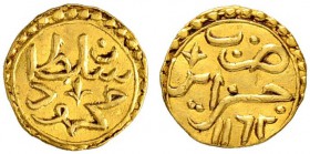 ALGERIEN
Mahmud I. 1143-1168 AH (1730-1754). 1/4 Sultani 1162 AH (1748), Jaza'ir. 0.75 g. Pere 542. Sehr schön / Very fine.