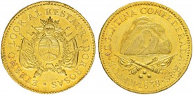 ARGENTINIEN
Republik
8 Escudos 1838. Assayer R. 27.00 g. Fr. 8 Selten / Rare. Kleiner Randfehler / Minor rim nick. Vorzüglich / Extremely fine.
