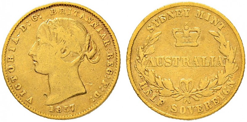 AUSTRALIEN
Victoria, 1837-1901. Half sovereign 1857, Sydney. 3.88 g. Schl. 811....
