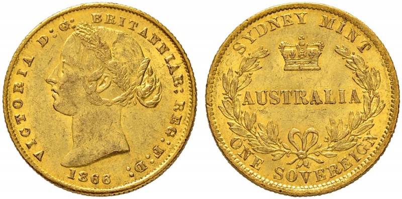 AUSTRALIEN
Victoria, 1837-1901. Sovereign 1866, Sydney. 7.98 g. Schl. 818. Fr. ...