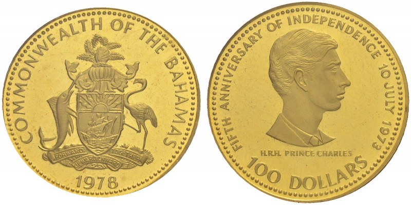 BAHAMAS
Elizabeth II. 1952-. 100 Dollars 1978. 5. Jahrestag der Unabhängigkeit....