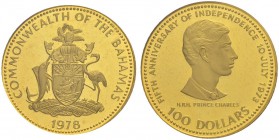 BAHAMAS
Elizabeth II. 1952-. 100 Dollars 1978. 5. Jahrestag der Unabhängigkeit. Prinz Charles. 13.60 g. KM 80. Fr. 25. Polierte Platte. FDC. / Choice...