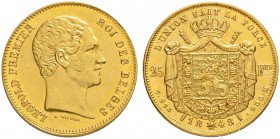 BELGIEN
Königreich
Leopold I. 1831-1865. 25 Francs 1848, Brüssel. 7.90 g. Schl. 10. Fr. 405. Selten. Vorzüglich-FDC / Extremely fine-uncirculated....