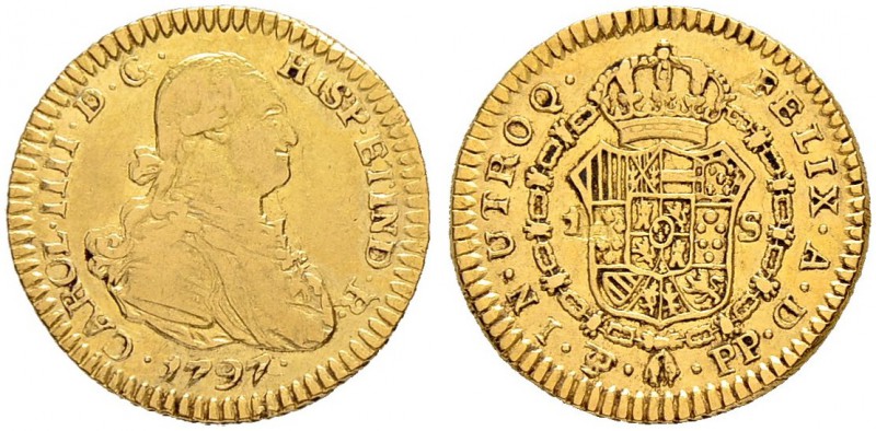 BOLIVIEN
Carlos IV. 1788-1808. 1 Escudo 1797, Potosi. 3.35 g. Cayon 14063. KM. ...