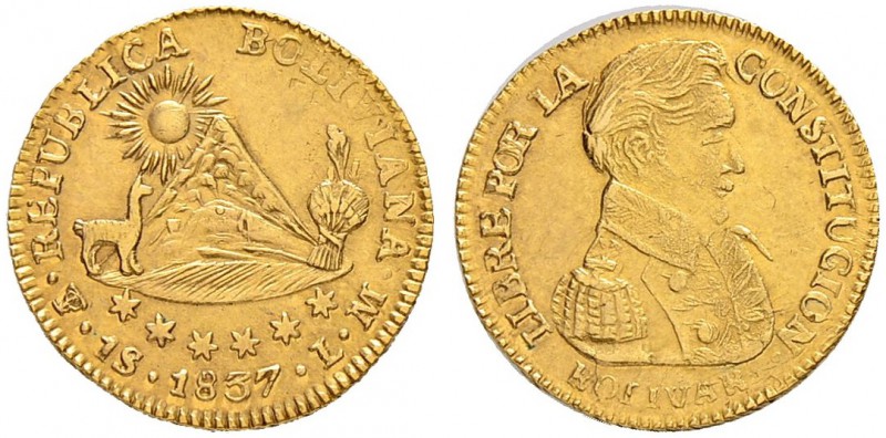 BOLIVIEN
Republik. 1 Escudo 1837. 3.39 g. KM 98. Fr. 24. Fast vorzüglich / Abou...